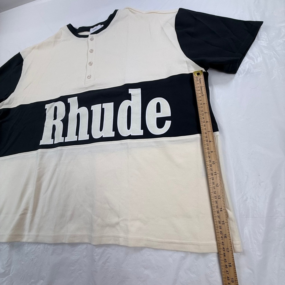 Rhude Court Henley T-Shirt Mens XXL Cream Black SS22 Colorblock Streetwear Logo - Picture 6 of 11